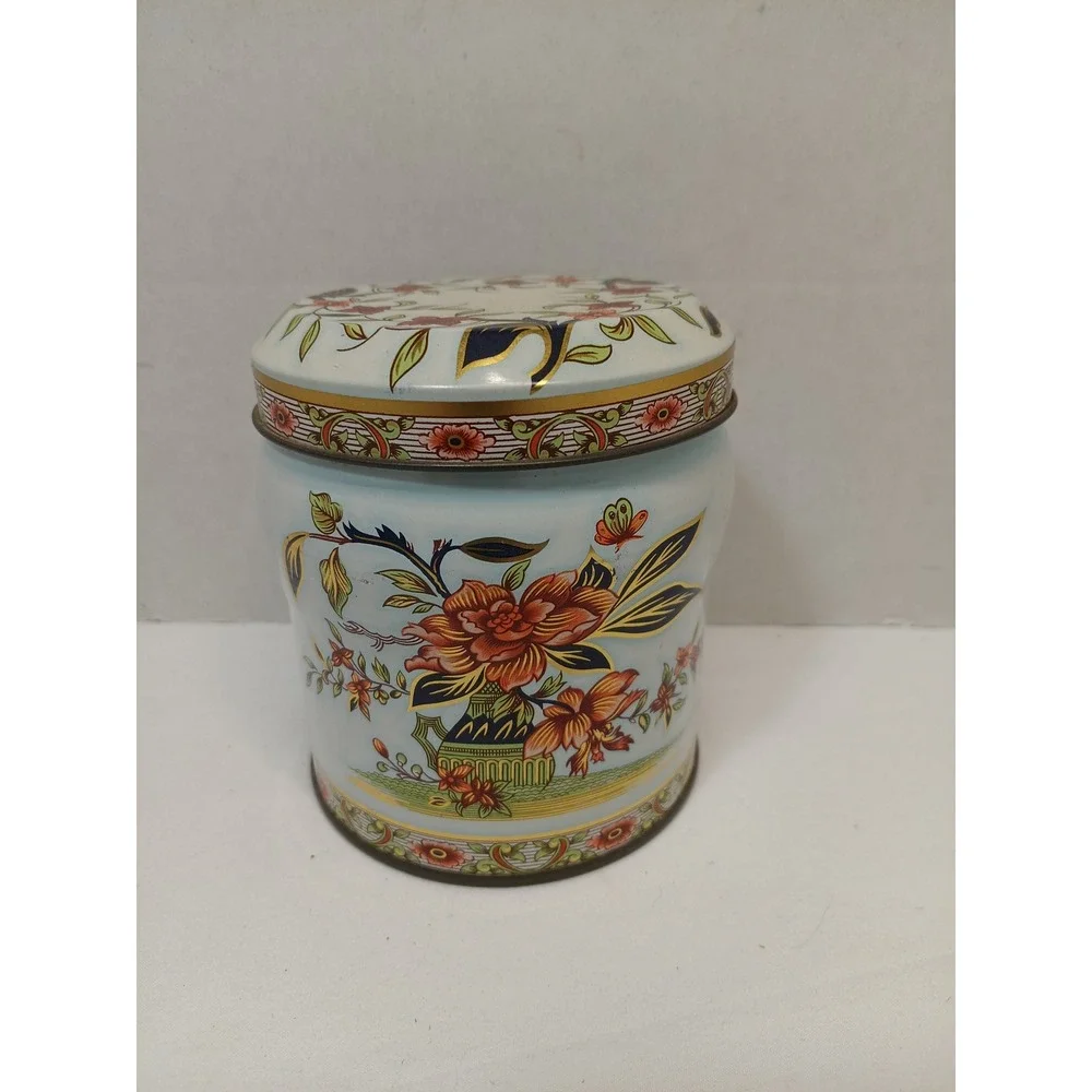 Vintage Daher Floral Tin Canister Made in England Blue Orange Gold Chinoiserie